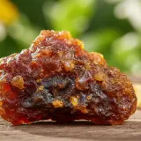 Kawałek surowego propolisu na drewnianym blacie, obok plastra miodu. Propolis na co pomaga? Wzmocnienie odporności i walka z infekcjami.