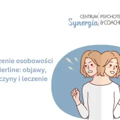 Ilustracja przedstawia osobę z dwoma obliczami, symbolizującymi zmienne nastroje i **borderline objawy**. Po lewej stronie twarz wyraża smutek i niepokój, po prawej uśmiech.