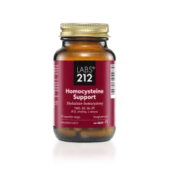 Bursztynowa butelka suplementu diety "Homocysteine Support" od LABS 212, zawierająca kapsułki wspierające metabolizm homocysteiny.