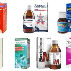 Kolekcja leków na kaszel: Sinecod, Atussan, Theraflu, Supremin, Natussic, Maxipulmon, Toselix.