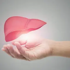 Dłoń trzyma świecącą wątrobę, symbolizującą zdrowie i opiekę. Wątroba jest kluczowa dla metabolizmu, a jej stan ocenia się m.in. po poziomie aminotransferazy asparaginianowej.