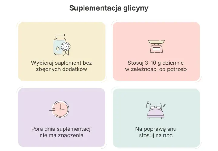 Glicyna co to? Porady dotyczące suplementacji: wybieraj czysty produkt, stosuj 3-10g dziennie, pora dnia nie ma znaczenia, na sen stosuj na noc.