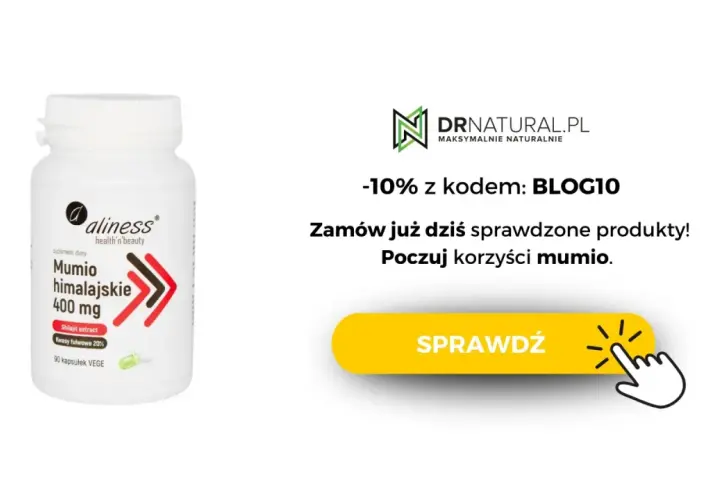Biała butelka suplementu diety Aliness Mumio himalajskie 400 mg. Poczuj korzyści mumio!