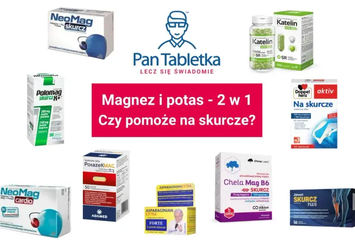 Suplementy diety z magnezem i potasem, które pomagają na skurcze. Wśród nich NeoMag, Polomag, Katelin, Doppel Herz, PotazeKMAG, Chela Mag B6 i Zdrovit Skurcz Plus.
