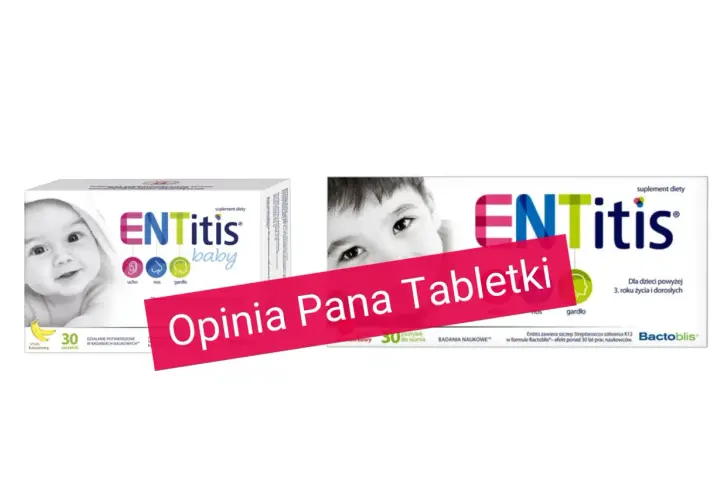 Opakowania suplementu diety ENTitis dla dzieci i dorosłych. W tle różowy pasek z napisem "Opinia Pana Tabletki".