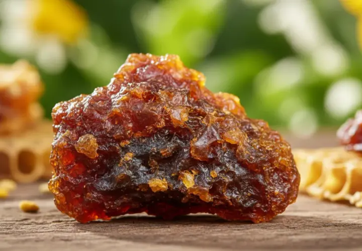 Kawałek surowego propolisu na drewnianym blacie, obok plastra miodu. Propolis na co pomaga? Wzmocnienie odporności i walka z infekcjami.