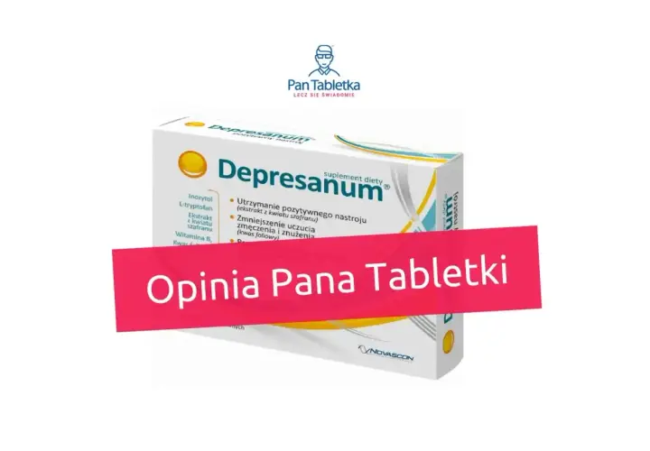 Opakowanie suplementu diety Depresanum, z napisem "Opinia Pana Tabletki". Zawiera m.in. inozytol, L-tryptofan i ekstrakt z szafranu.