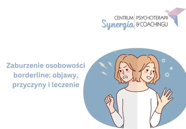 Ilustracja przedstawia osobę z dwoma obliczami, symbolizującymi zmienne nastroje i **borderline objawy**. Po lewej stronie twarz wyraża smutek i niepokój, po prawej uśmiech.