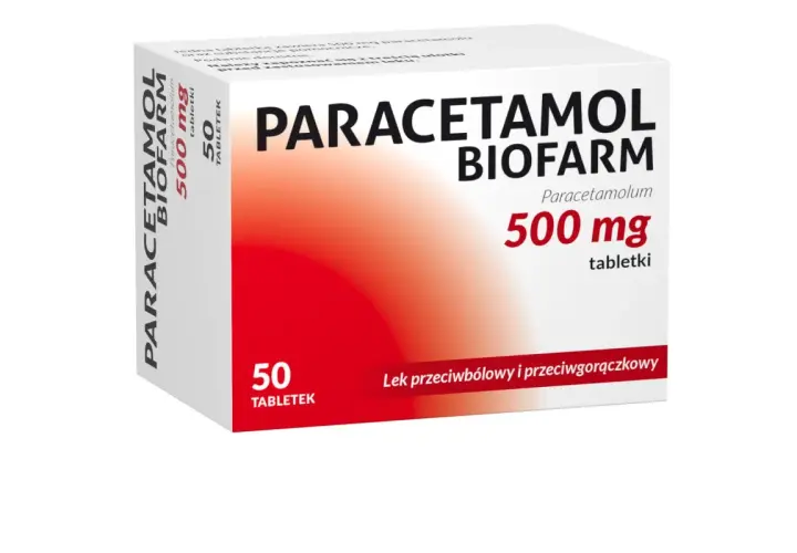 Opakowanie leku Paracetamol Biofarm 500 mg, zawierające 50 tabletek. Lek przeciwbólowy i przeciwgorączkowy.
