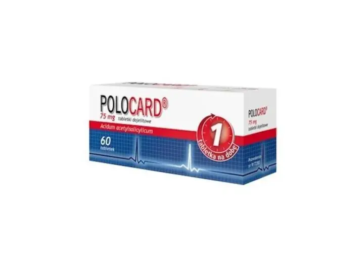 Opakowanie leku Polocard 75 mg, zawierające 60 tabletek dojelitowych z kwasem acetylosalicylowym. Stosowany profilaktycznie, jedna tabletka na dobę.