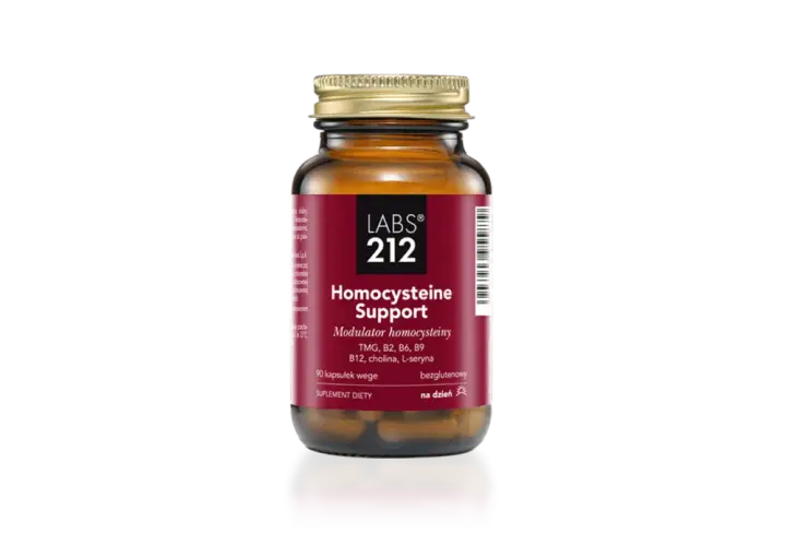 Bursztynowa butelka suplementu diety "Homocysteine Support" od LABS 212, zawierająca kapsułki wspierające metabolizm homocysteiny.