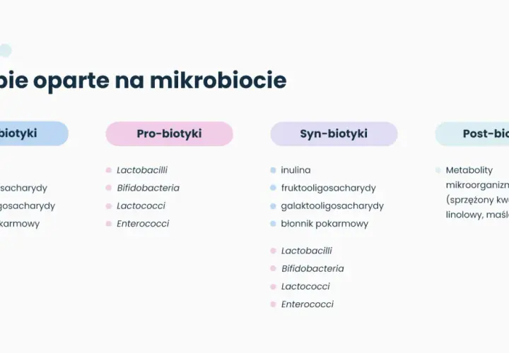 Terapie oparte na mikrobiocie: pre-biotyki (inulina, błonnik), pro-biotyki (bakterie), syn-biotyki (pre- i pro-biotyki) oraz post-biotyki.