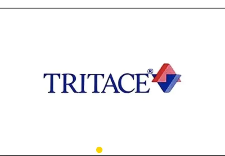 Logo TRITACE z symbolem złożonym z czerwonych i niebieskich rombów.
