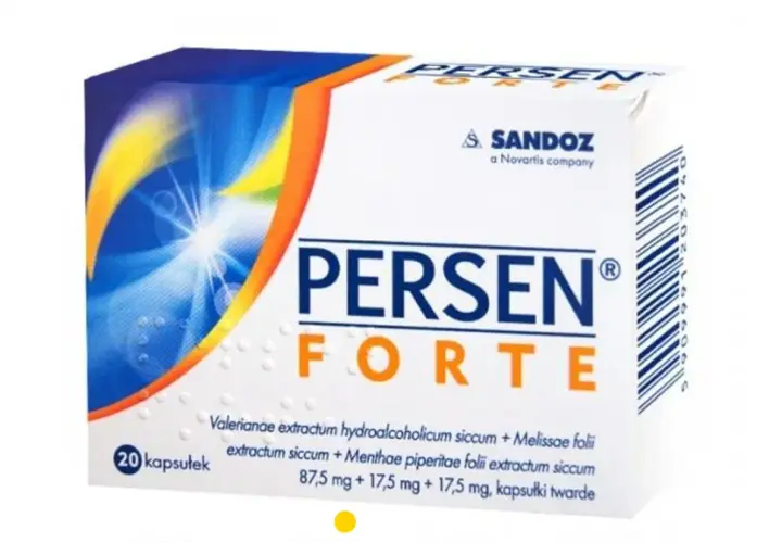 Opakowanie leku Persen Forte, zawierające 20 kapsułek. Sandoz, a Novartis company.