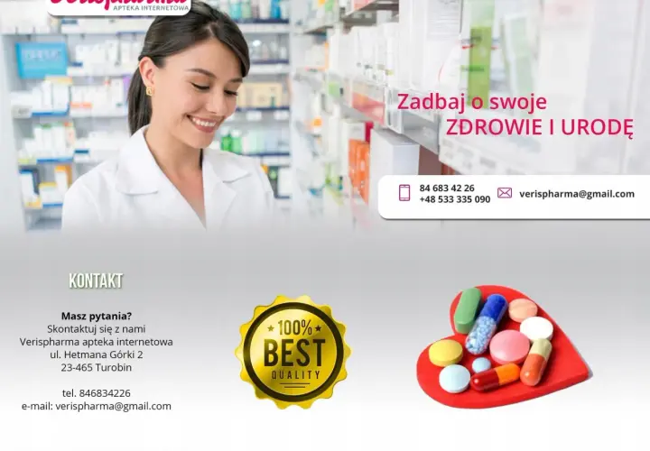 Uśmiechnięta farmaceutka w aptece Verispharma. Dbaj o zdrowie i urodę z nami. Maxiluten dla lepszego samopoczucia.