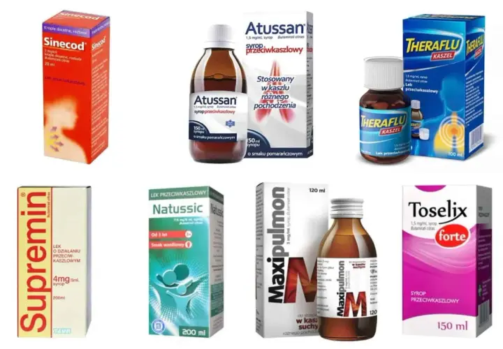 Kolekcja leków na kaszel: Sinecod, Atussan, Theraflu, Supremin, Natussic, Maxipulmon, Toselix.