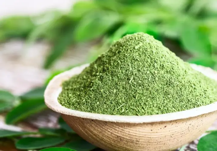 Zielony proszek moringa w miseczce, otoczony liśćmi. To naturalne superfood, które warto poznać!