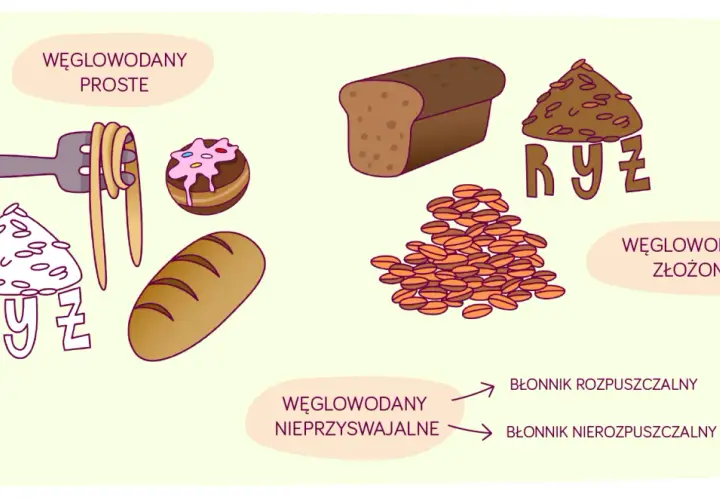 Węglowodany proste (makaron, ciastko) i złożone (chleb, ryż). Węglowodany nieprzyswajalne to błonnik rozpuszczalny i nierozpuszczalny.
