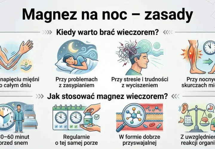 Kiedy najlepiej brać magnez? Warto wieczorem, gdy masz napięcie mięśni, problemy ze snem, stresem, skurcze lub trudności z wyciszeniem. Stosuj 30-60 minut przed snem.