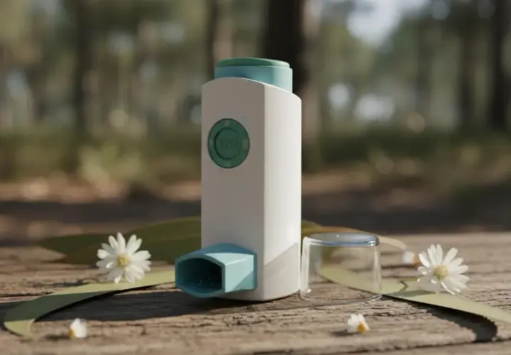 Inhalator z budezonidem na drewnianym stole, otoczony listkami i kwiatami.