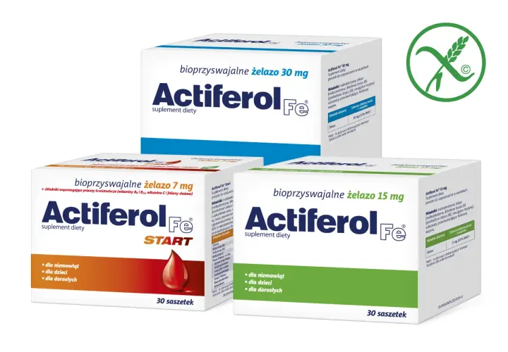 Actiferol Fe - suplementy diety z żelazem w saszetkach. Dostępne w wersjach 7 mg, 15 mg i 30 mg, dla niemowląt, dzieci i dorosłych.