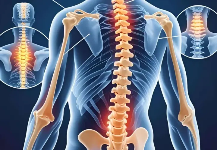 Anatomia człowieka z podświetlonym kręgosłupem, wskazującym na zwyrodnienie kręgosłupa. Widoczne kości ramion i obręczy barkowej.