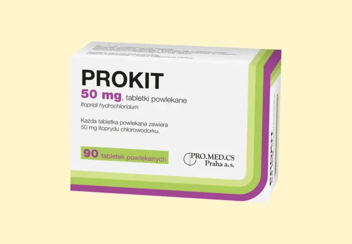 Prokit 50 mg, tabletki powlekane. Lek na problemy żołądkowe, zawiera itoprydu chlorowodorek. Opakowanie 90 tabletek.