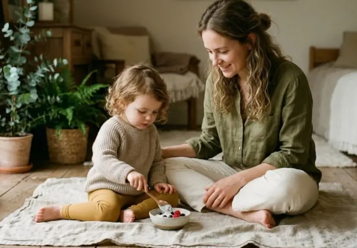 Mama karmi dziecko owocami, dbając o jego zdrowie. To idealny moment na probiotyk dla dzieci, wspierający trawienie.