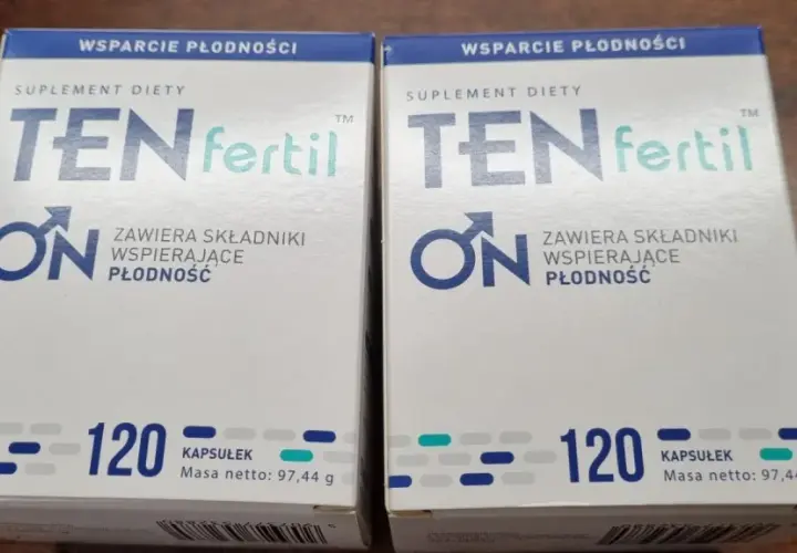Dwie paczki suplementu diety TEN fertil, wspierającego płodność. Każde opakowanie zawiera 120 kapsułek.