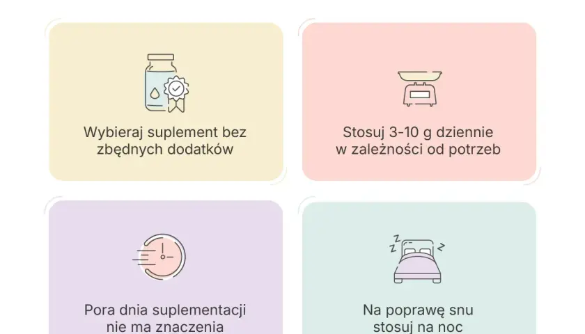 Glicyna co to? Porady dotyczące suplementacji: wybieraj czysty produkt, stosuj 3-10g dziennie, pora dnia nie ma znaczenia, na sen stosuj na noc.