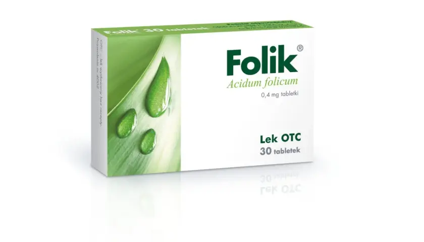 Opakowanie leku Folik z kwasem foliowym, 30 tabletek. Na zielonym tle krople wody.
