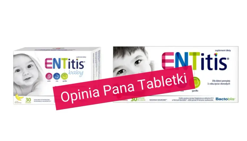 Opakowania suplementu diety ENTitis dla dzieci i dorosłych. W tle różowy pasek z napisem "Opinia Pana Tabletki".