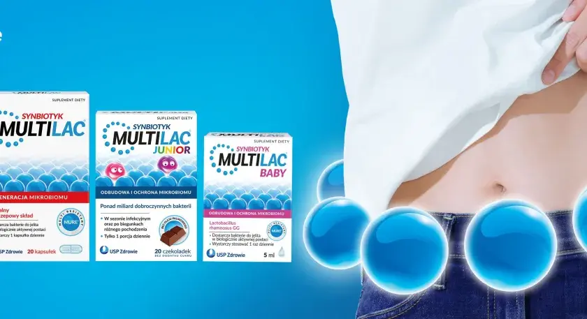 Synbiotyk Multilac w wersjach 60+, Junior i Baby. Reklama suplementu diety wspierającego regenerację mikrobiomu.