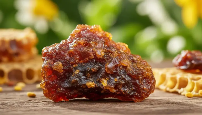Kawałek surowego propolisu na drewnianym blacie, obok plastra miodu. Propolis na co pomaga? Wzmocnienie odporności i walka z infekcjami.