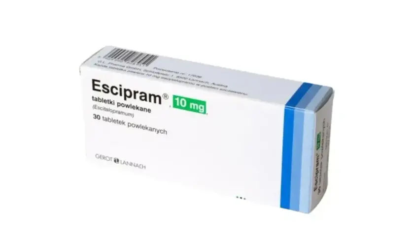 Opakowanie leku Escipram 10 mg, zawierające 30 tabletek powlekanych z escitalopramem.