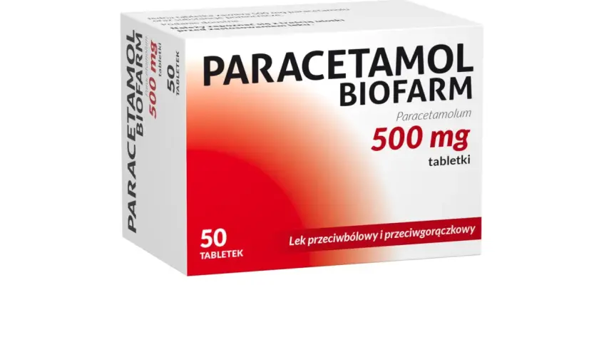 Opakowanie leku Paracetamol Biofarm 500 mg, zawierające 50 tabletek. Lek przeciwbólowy i przeciwgorączkowy.