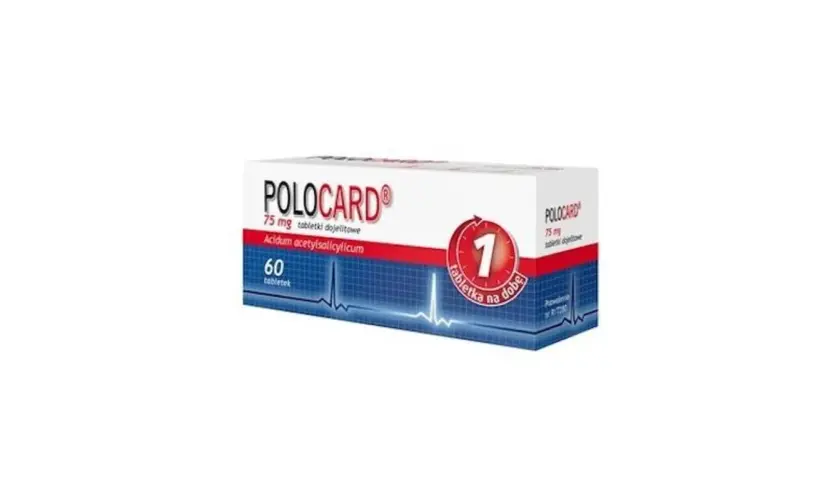 Opakowanie leku Polocard 75 mg, zawierające 60 tabletek dojelitowych z kwasem acetylosalicylowym. Stosowany profilaktycznie, jedna tabletka na dobę.