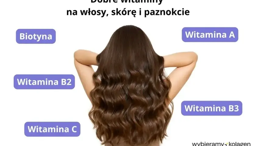 Biotyna na włosy i inne witaminy dla pięknych włosów, skóry i paznokci. Długie, falowane brązowe włosy.