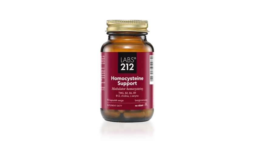 Bursztynowa butelka suplementu diety "Homocysteine Support" od LABS 212, zawierająca kapsułki wspierające metabolizm homocysteiny.