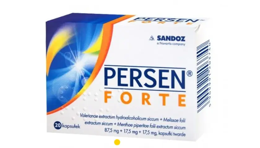 Opakowanie leku Persen Forte, zawierające 20 kapsułek. Sandoz, a Novartis company.