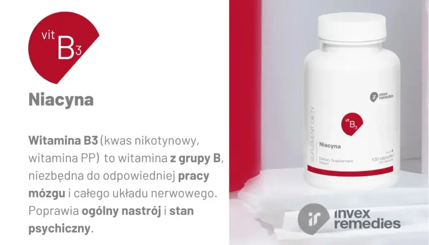 Niacyna, witamina B3, w kapsułkach. Wspiera pracę mózgu i układu nerwowego, poprawiając nastrój.