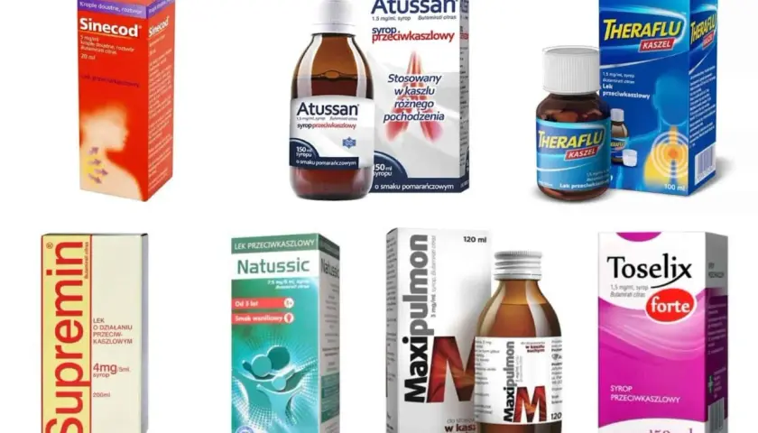 Kolekcja leków na kaszel: Sinecod, Atussan, Theraflu, Supremin, Natussic, Maxipulmon, Toselix.
