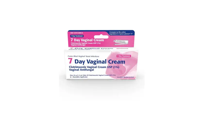 Opakowanie kremu dopochwowego Clotrimazole Vaginal Cream USP (1%) na 7 dni leczenia, z aplikatorem. Skuteczny w walce z infekcjami intymnymi.