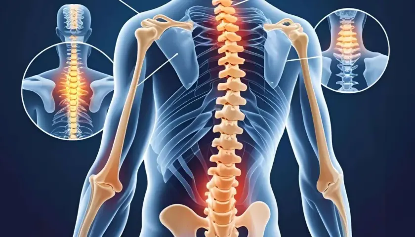Anatomia człowieka z podświetlonym kręgosłupem, wskazującym na zwyrodnienie kręgosłupa. Widoczne kości ramion i obręczy barkowej.