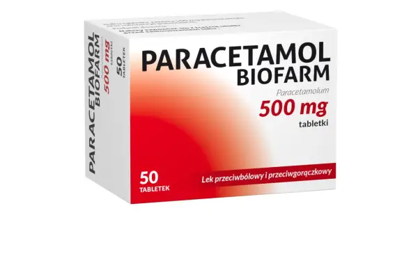 Opakowanie leku Paracetamol Biofarm 500 mg, zawierające 50 tabletek. Lek przeciwbólowy i przeciwgorączkowy.